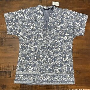 NEW Lands End Floral Denim Short‎ Sleeve Top shirt Blouse  Small